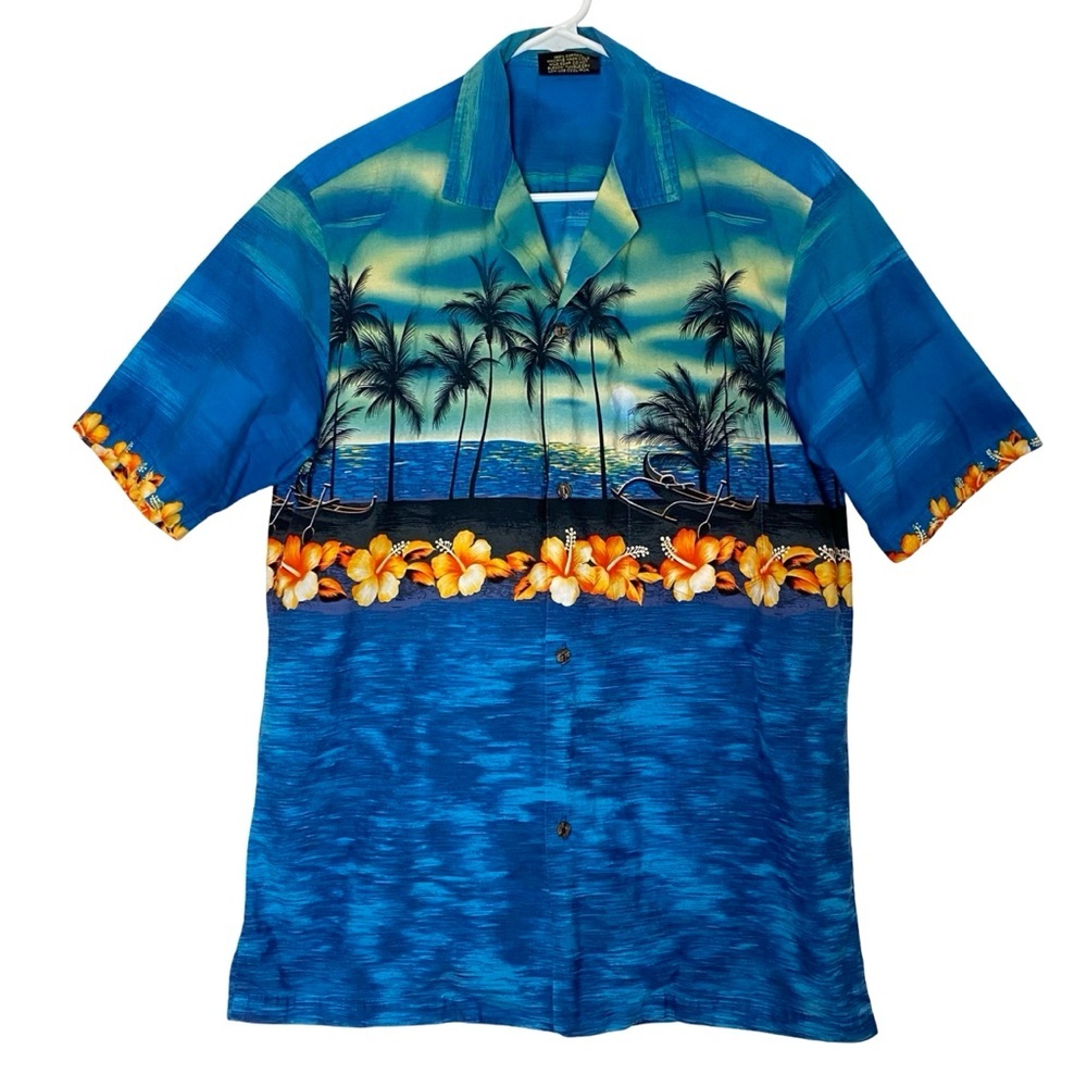 Vintage Royal Creations Hawaiian Shirt Mens Size Medium Large Blue Floral Cotton